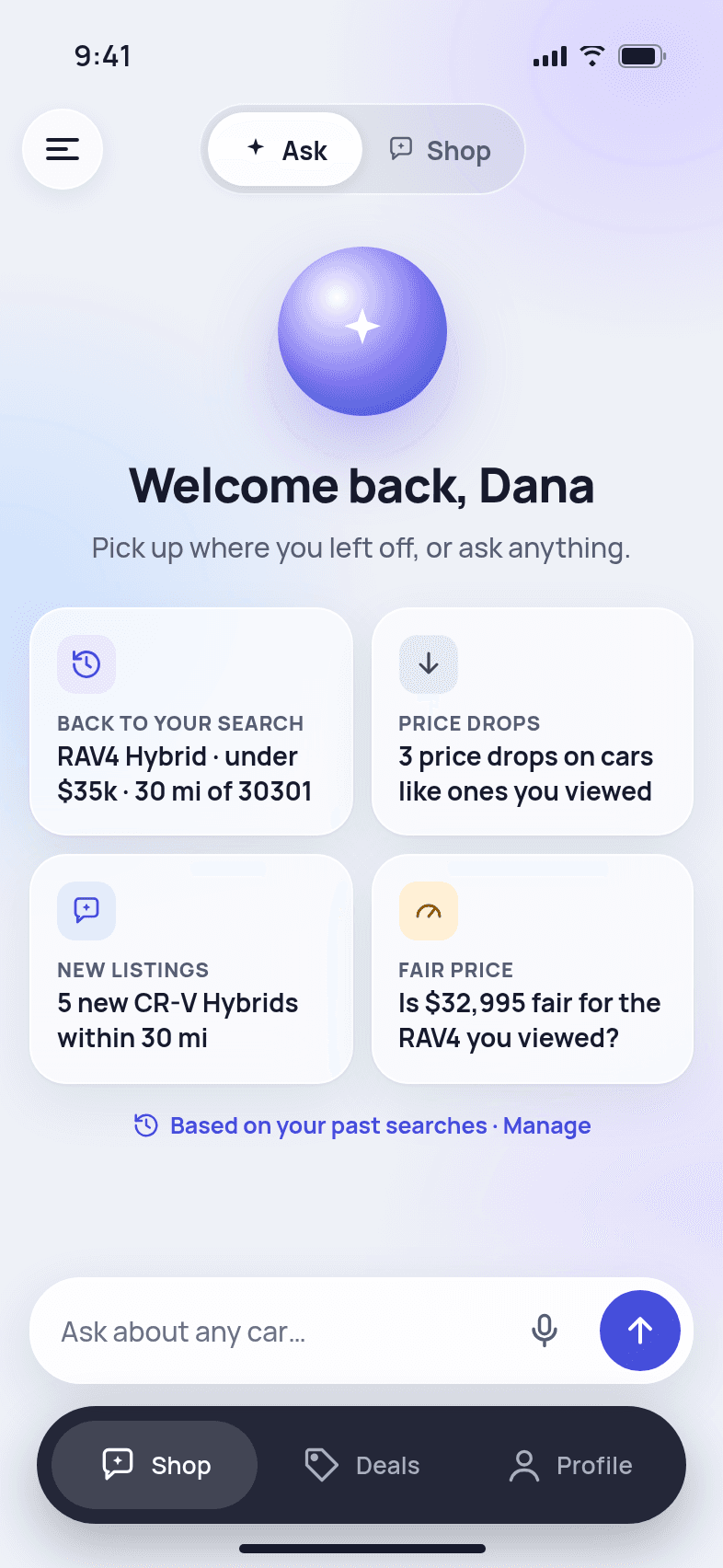 Drevvy home screen welcoming Dana back
